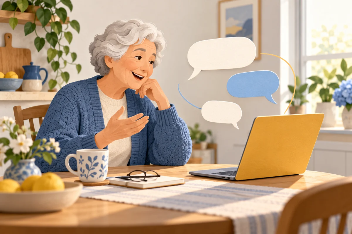 Starija osoba razgovara sa digitalnim pomoćnikom na laptopu.