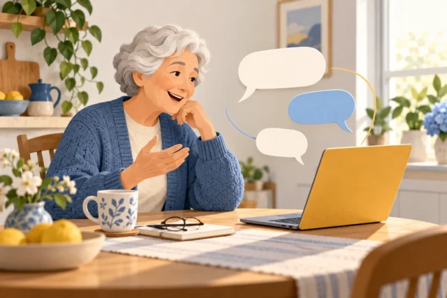 Starija osoba razgovara sa digitalnim pomoćnikom na laptopu.