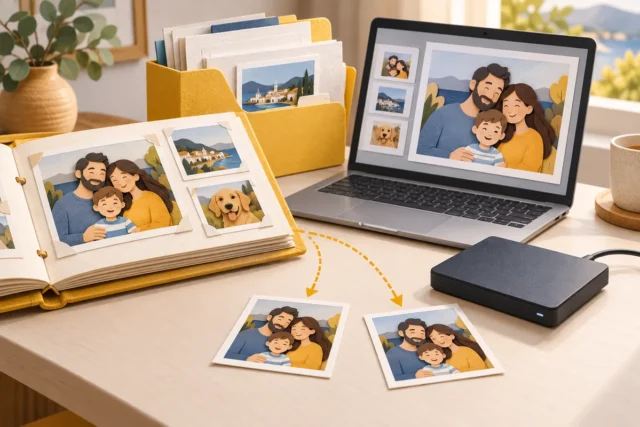 Laptop, porodične fotografije i spoljni disk za rezervnu kopiju.