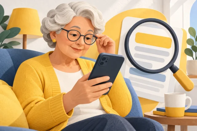Starija žena čita pregledan sadržaj na telefonu.