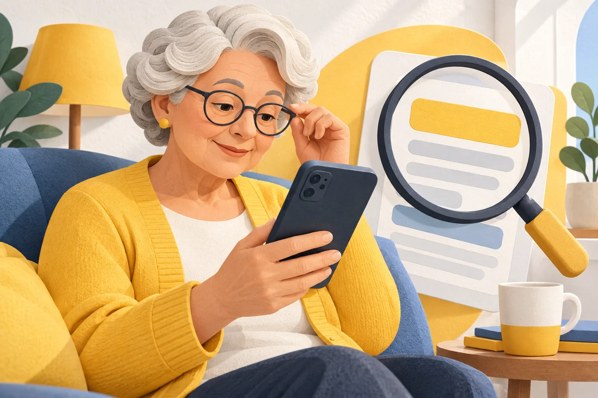 Starija žena čita pregledan sadržaj na telefonu.